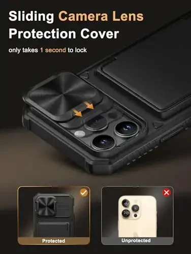 Vihibii for iPhone 14 Pro Max Case with [2X Screen Protector], Built-in Card Holder (4 Cards), [RFID Blocking] & Slide Camera Cover & Tempered Glass Films, Rugged Wallet Case for 14 Pro Max 5g, Black - 6