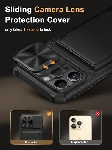 Vihibii for iPhone 14 Pro Max Case with Card Holder (4 Cards) [RFID Blocking] & Slide Camera Cover, Military Grade Drop Protection, Rugged Hard Back & Silicone Edge Wallet Case, 6.7