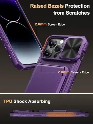 Vihibii for iPhone 14 Pro Max Wallet Case, Built-in Card Holder (4 Cards), [RFID Blocking] & Slide Camera Cover, Military Grade Drop Protection, Rugged Hard Wallet Case, 6.7