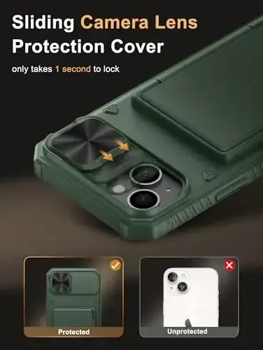 Vihibii for iPhone 15 Plus/iPhone 14 Plus Wallet Case, Built-in Card Holder (4 Cards), [RFID Blocking] & Slide Camera Cover, Military Grade Drop Protection, TPU Soft Edge Wallet Phone Case, Green - 4