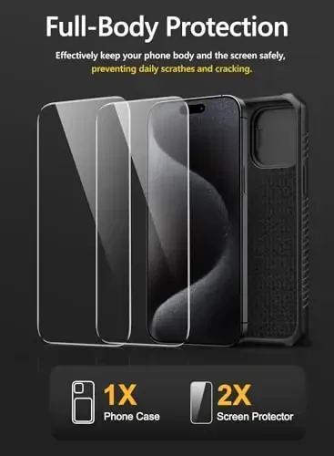 Vihibii for iPhone 15 Pro Max Case with Card Holder (4 Cards), Built-in 2X Tempered Glass Screen Protector & Slide Camera Cover & Kickstand, Military Grade Drop Protection, Rugged Wallet Case, Black - 2