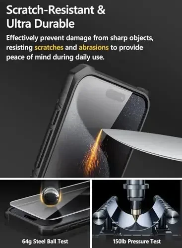 Vihibii for iPhone 15 Pro Max Case with Card Holder (4 Cards), Built-in 2X Tempered Glass Screen Protector & Slide Camera Cover & Kickstand, Military Grade Drop Protection, Rugged Wallet Case, Black - 3