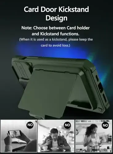 Vihibii for iPhone 15 Pro Max Case with Card Holder (4 Cards), Built-in 2X Tempered Glass Screen Protector & Slide Camera Cover & Kickstand, Military Grade Drop Protection, Rugged Wallet Case, Green - 6