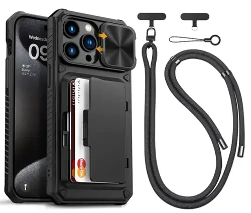 Vihibii for iPhone 15 Pro Max Case with Crossbody Lanyard Strap, Build-in Card Holder (4 Cards) & Slide Camera Cover & Kickstand, Military Grade Drop Protection, Hard Back & Soft Edge Case, Black 