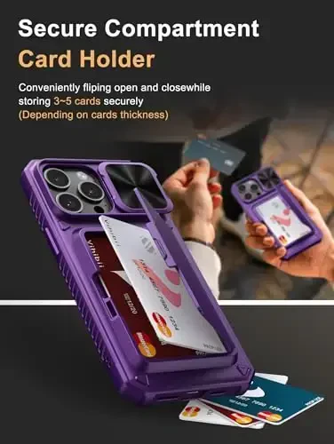 Vihibii for iPhone 15 Pro Max Wallet Case with Card Holder (4 Cards) & Slide Camera Cover & Kickstand, Raised Edges Protect Screen, Rugged Hard Back Cover for iPhone 15 Pro Max, 6.7