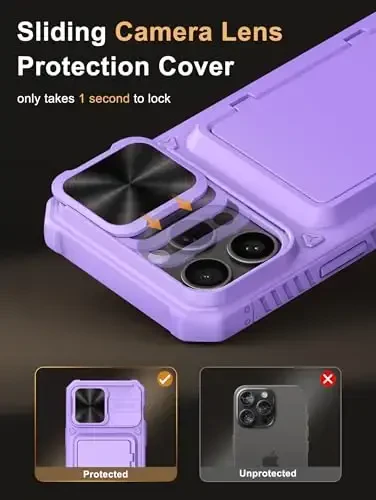 Vihibii for iPhone 15 Pro Max Wallet Case with Card Holder (4 Cards) & Slide Lens Cover & Stand, Shockproof Rugged Hard Back & Raised Edges Protection Case for iPhone 15 Pro Max, 5G 6.7