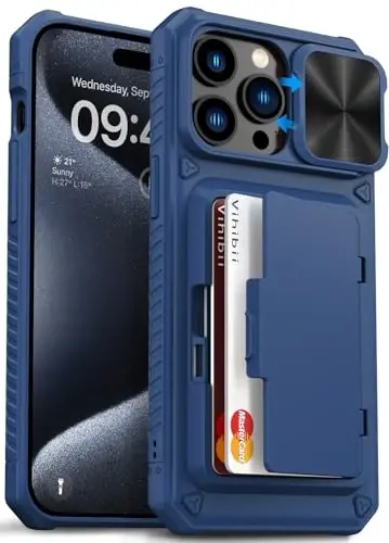 Vihibii for iPhone 15 Pro Max Wallet Case with Card Holder (4 Cards) & Slide Lens Protective Cover & Kickstand & Raised Edges Protect Screen, Shockproof Rugged Case for iPhone 15 Pro Max 6.7