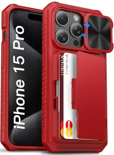 Vihibii for iPhone 15 Pro Wallet Case with Card Holder (4 Cards) & Slide Camera Cover & Kickstand & Raised Edges Protective Screen, Shockproof Rugged Phone Case for iPhone 15 Pro 5G 6.1