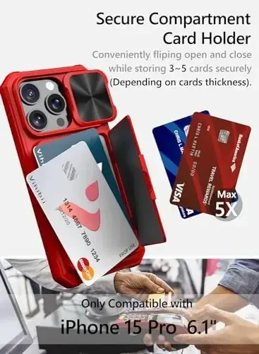 Vihibii for iPhone 15 Pro Wallet Case with Card Holder (4 Cards) & Slide Camera Cover & Kickstand & Raised Edges Protective Screen, Shockproof Rugged Phone Case for iPhone 15 Pro 5G 6.1