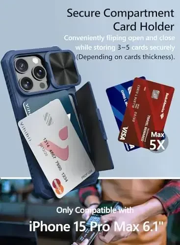Vihibii for iPhone 15 Pro Wallet Case with Card Holder (4 Cards) & Slide Camera Lens Protective Cover & Kickstand, Heavy Duty Shockproof Rugged Durable Phone Case for iPhone 15 Pro 5G 6.1