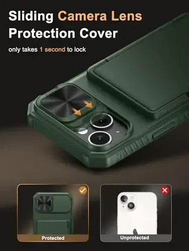 Vihibii for iPhone 15/14/13 Wallet Case, Built-in Card Holder (4 Cards), RFID Blocking & Slide Camera Cover, Military Grade Drop Protection, TPU Soft Edge Phone Case, Green - 4