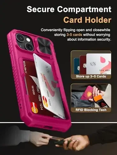 Vihibii for iPhone 15/14/13 Wallet Case with Card Holder (4 Cards), RFID Blocking & Slide Camera Cover & Raised Edges Protect Screen, Heavy Duty Shockproof Phone Case, Hot Pink - 3