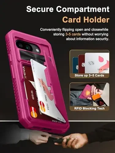 Vihibii for Google Pixel 9a Wallet Case with Card Holder (4 Cards), [RFID Blocking] & Slide Camera Lens Cover & Raised Edges Protect Screen, Shockproof Case for Google Pixel 9a 2025, Hot Pink - 3