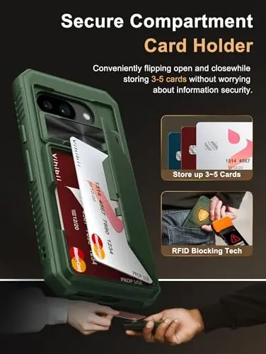 Vihibii Google Pixel 9a hamyon g'ilofi uchun, O'rnatilgan karta ushlagichi (4 ta karta), [RFID blokirovka] va slayd kamerali qopqoq, Harbiy darajadagi tushishdan himoya, Google Pixel 9a 2025 uchun mustahkam og'ir vaznli g'ilof, Yashil - 3