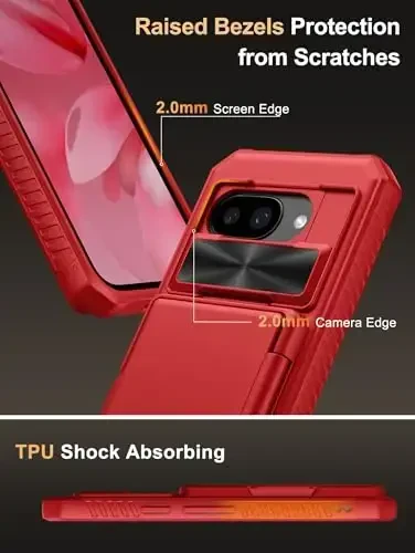Vihibii for Google Pixel 9a Case with Card Holder (4 Cards), [RFID Blocking] & Slide Camera Cover, Military Grade Drop Protection, Heavy Duty Shockproof Wallet Cover for Google Pixel 9a 2025, Red - 5