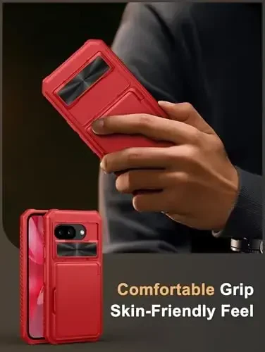 Vihibii for Google Pixel 9a Case with Card Holder (4 Cards), [RFID Blocking] & Slide Camera Cover, Military Grade Drop Protection, Heavy Duty Shockproof Wallet Cover for Google Pixel 9a 2025, Red - 6