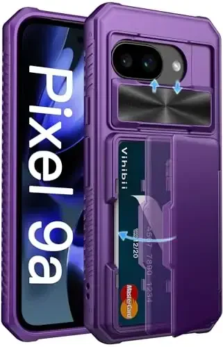 Vihibii for Google Pixel 9a Case with Card Holder (4 Cards), [RFID Blocking] & Slide Camera Cover, Military Grade Drop Protection, Shockproof Rugged Phone Case for Google Pixel 9a 2025, Dark Purple - VIHIBII