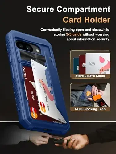 Vihibii Google Pixel 9a uchun g‘ilof, karta ushlagichi (4 ta karta), [RFID blokirovka] va sirg‘ali kamera qopqog‘i, harbiy darajadagi tushishdan himoya, Google Pixel 9a 2025 uchun kuchli zarbga chidamli hamyon g‘ilofi, ko‘k - 3