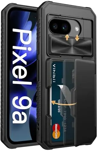 Vihibii Google Pixel 9a uchun hamyonli g‘ilof (4 ta karta), [RFID blokirovka] & suriladigan kamera qopqog‘i & ko‘tarilgan qirralar ekranni himoya qiladi, zarbga chidamli mustahkam telefon qopqog‘i Google Pixel 9a 2025 uchun, qora 