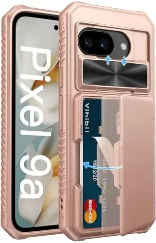 Vihibii Google Pixel 9a uchun karta ushlagichli hamyonli g'ilof (4 ta karta) [RFID blokirovka] va surma kamera qopqog'i va ko'tarilgan qirralar ekranini himoya qiladi, Google Pixel 9a 2025 uchun zarbaga chidamli mustahkam telefon qopqog'i, atirgul oltin - 1