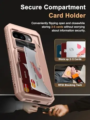 Vihibii Google Pixel 9a uchun karta ushlagichli hamyonli g'ilof (4 ta karta) [RFID blokirovka] va surma kamera qopqog'i va ko'tarilgan qirralar ekranini himoya qiladi, Google Pixel 9a 2025 uchun zarbaga chidamli mustahkam telefon qopqog'i, atirgul oltin - 3