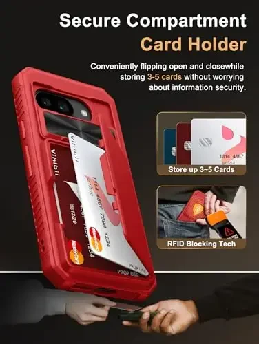 Vihibii Google Pixel 9a uchun Kartalar uchun g'ilof (4 ta karta), [RFID Blocking] & Sürgülü Kamera qopqog'i, Harbiy darajadagi tushishdan himoya, Google Pixel 9a 2025 uchun kuchli zarbga chidamli hamyon qopqog'i, Qizil - 3