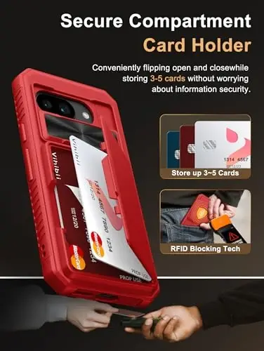 Vihibii Google Pixel 9a uchun Kartalar uchun g'ilof (4 ta karta), [RFID Blocking] & Sürgülü Kamera qopqog'i, Harbiy darajadagi tushishdan himoya, Google Pixel 9a 2025 uchun kuchli zarbga chidamli hamyon qopqog'i, Qizil - 3