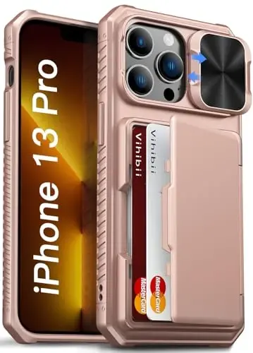 Vihibii for iPhone 13 Pro Wallet Case with Card Holder (4 Cards), [RFID Blocking] & Slide Lens Camera Cover & Raised Edges Protect Screen, Shockproof Rugged Wallet Phone Case, 6.1