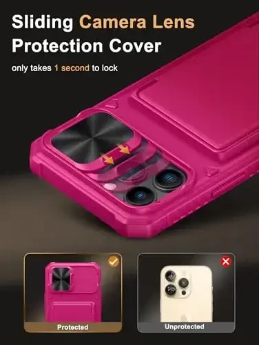 Vihibii for iPhone 13 Pro Max/iPhone 12 Pro Max Case with Card Holder (4 Cards), [RFID Blocking] & Slide Lens Camera Cover, Military Grade Drop Protection, Heavy Duty Rugged Wallet Phone Case, Pink - 4