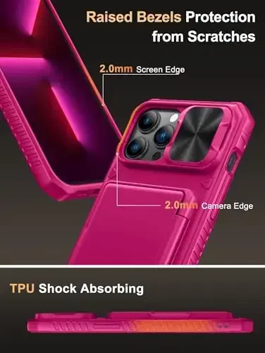 Vihibii for iPhone 13 Pro Max/iPhone 12 Pro Max Case with Card Holder (4 Cards), [RFID Blocking] & Slide Lens Camera Cover, Military Grade Drop Protection, Heavy Duty Rugged Wallet Phone Case, Pink - 6