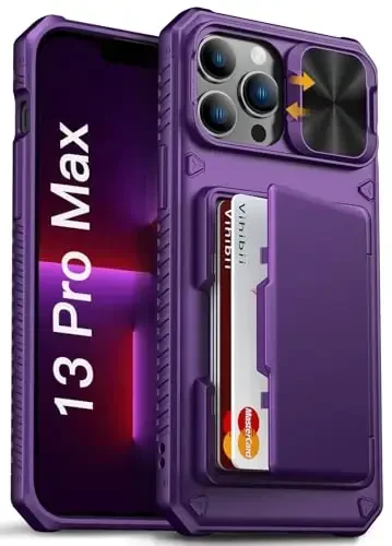 Vihibii iPhone 13 Pro Max/iPhone 12 Pro Max uchun hamyonli g‘ilof, o‘rnatilgan karta ushlagichi (4 ta karta), [RFID blokirovkasi] va sirg‘ali kamera qopqog‘i, harbiy darajadagi tushishdan himoya, mustahkam qattiq telefon g‘ilofi, to‘q binafsha 