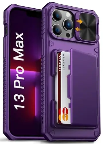 Vihibii iPhone 13 Pro Max/iPhone 12 Pro Max uchun hamyonli g‘ilof, o‘rnatilgan karta ushlagichi (4 ta karta), [RFID blokirovkasi] va sirg‘ali kamera qopqog‘i, harbiy darajadagi tushishdan himoya, mustahkam qattiq telefon g‘ilofi, to‘q binafsha - 1