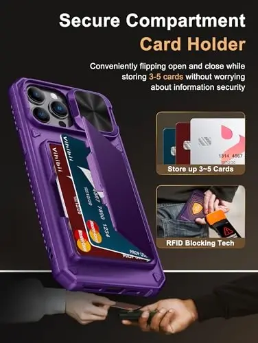 Vihibii iPhone 13 Pro Max/iPhone 12 Pro Max uchun hamyonli g‘ilof, o‘rnatilgan karta ushlagichi (4 ta karta), [RFID blokirovkasi] va sirg‘ali kamera qopqog‘i, harbiy darajadagi tushishdan himoya, mustahkam qattiq telefon g‘ilofi, to‘q binafsha - 3
