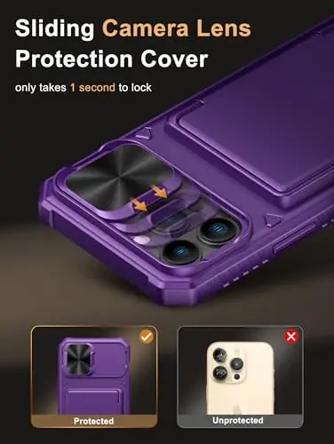 Vihibii iPhone 13 Pro Max/iPhone 12 Pro Max uchun hamyonli g‘ilof, o‘rnatilgan karta ushlagichi (4 ta karta), [RFID blokirovkasi] va sirg‘ali kamera qopqog‘i, harbiy darajadagi tushishdan himoya, mustahkam qattiq telefon g‘ilofi, to‘q binafsha - 4