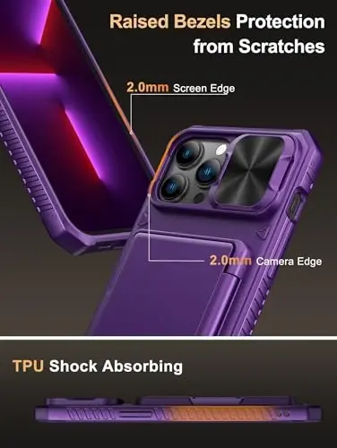 Vihibii iPhone 13 Pro Max/iPhone 12 Pro Max uchun hamyonli g‘ilof, o‘rnatilgan karta ushlagichi (4 ta karta), [RFID blokirovkasi] va sirg‘ali kamera qopqog‘i, harbiy darajadagi tushishdan himoya, mustahkam qattiq telefon g‘ilofi, to‘q binafsha - 6