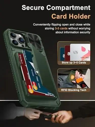 Vihibii iPhone 13 Pro Max/iPhone 12 Pro Max uchun hamyonli g‘ilof, o‘rnatilgan karta ushlagichi (4 ta karta), [RFID blokirovkasi] va sirg‘aluvchi kamera qopqog‘i, harbiy darajadagi tushishdan himoya, silikon yumshoq qirrali telefon g‘ilofi, yashil - 3