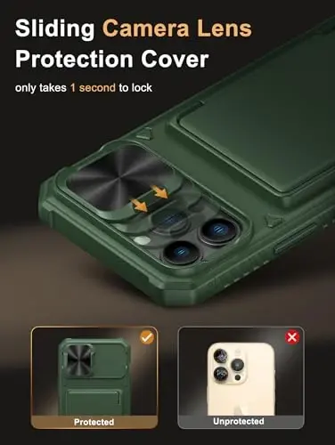 Vihibii iPhone 13 Pro Max/iPhone 12 Pro Max uchun hamyonli g‘ilof, o‘rnatilgan karta ushlagichi (4 ta karta), [RFID blokirovkasi] va sirg‘aluvchi kamera qopqog‘i, harbiy darajadagi tushishdan himoya, silikon yumshoq qirrali telefon g‘ilofi, yashil - 4