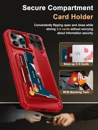 Vihibii iPhone 13 Pro Max/iPhone 12 Pro Max uchun karta ushlagichi (4 ta karta) bilan g'ilof, [RFID blokirovka] va sirg'anuvchi kamera qopqog'i va ko'tarilgan qirralar ekranini himoya qiladi, og'ir yukga bardoshli zarbga chidamli hamyon telefon qopqog'i, qizil - 3