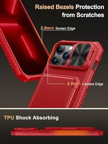 Vihibii iPhone 13 Pro Max/iPhone 12 Pro Max uchun karta ushlagichi (4 ta karta) bilan g'ilof, [RFID blokirovka] va sirg'anuvchi kamera qopqog'i va ko'tarilgan qirralar ekranini himoya qiladi, og'ir yukga bardoshli zarbga chidamli hamyon telefon qopqog'i, qizil - 6