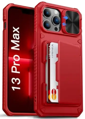 Vihibii iPhone 13 Pro Max/iPhone 12 Pro Max uchun karta ushlagichi (4 ta karta) bilan g'ilof, [RFID blokirovka] va sirg'anuvchi kamera qopqog'i va ko'tarilgan qirralar ekranini himoya qiladi, og'ir yukga bardoshli zarbga chidamli hamyon telefon qopqog'i, qizil - 1