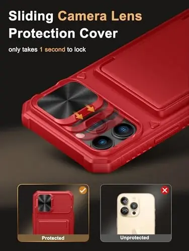 Vihibii iPhone 13 Pro Max/iPhone 12 Pro Max uchun karta ushlagichi (4 ta karta) bilan g'ilof, [RFID blokirovka] va sirg'anuvchi kamera qopqog'i va ko'tarilgan qirralar ekranini himoya qiladi, og'ir yukga bardoshli zarbga chidamli hamyon telefon qopqog'i, qizil - 4
