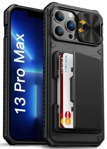 Vihibii iPhone 13 Pro Max/iPhone 12 Pro Max uchun karta ushlagichli (4 karta) g‘ilof [RFID blokirovka] va slaydli kamera qopqog‘i, harbiy darajadagi tushishdan himoya, mustahkam orqa va silikon hamyonli chekka g‘ilof, qora 