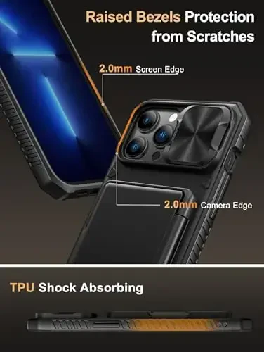 Vihibii iPhone 13 Pro Max/iPhone 12 Pro Max uchun karta ushlagichli (4 karta) g‘ilof [RFID blokirovka] va slaydli kamera qopqog‘i, harbiy darajadagi tushishdan himoya, mustahkam orqa va silikon hamyonli chekka g‘ilof, qora - 6