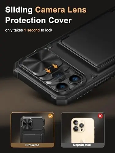 Vihibii iPhone 13 Pro Max/iPhone 12 Pro Max uchun karta ushlagichli (4 karta) g‘ilof [RFID blokirovka] va slaydli kamera qopqog‘i, harbiy darajadagi tushishdan himoya, mustahkam orqa va silikon hamyonli chekka g‘ilof, qora - 4