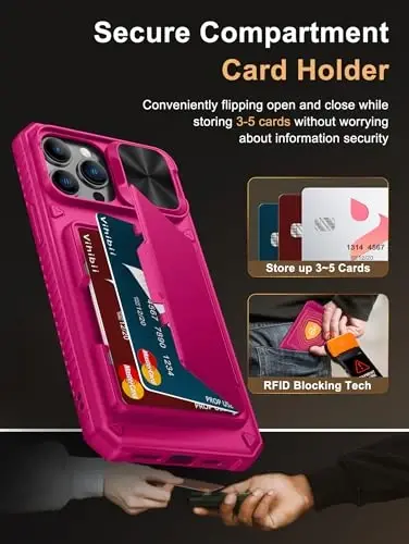 Vihibii iPhone 13 Pro Max/iPhone 12 Pro Max uchun karta ushlagichli g'ilof (4 ta karta), [RFID blokirovka] va sirg'anchiq linzali kamera qopqog'i, harbiy darajadagi tushishdan himoya, og'ir yuk ko'taruvchi mustahkam hamyon telefon g'ilofi, pushti - 3