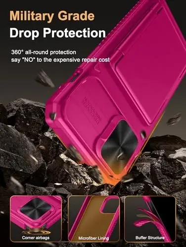 Vihibii iPhone 13 Pro Max/iPhone 12 Pro Max uchun karta ushlagichli g'ilof (4 ta karta), [RFID blokirovka] va sirg'anchiq linzali kamera qopqog'i, harbiy darajadagi tushishdan himoya, og'ir yuk ko'taruvchi mustahkam hamyon telefon g'ilofi, pushti - 5