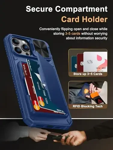 Vihibii iPhone 13 Pro Max/iPhone 12 Pro Max uchun kartalar hamyoni (4 ta karta), [RFID blokirovkasi] & Sürgülü linzali kamera qopqog'i va ko'tarilgan qirralar ekranini himoya qiladi, zarbaga chidamli mustahkam telefon qutisi, ko'k - 3