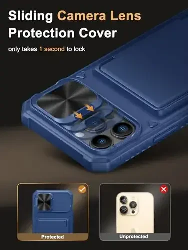 Vihibii iPhone 13 Pro Max/iPhone 12 Pro Max uchun kartalar hamyoni (4 ta karta), [RFID blokirovkasi] & Sürgülü linzali kamera qopqog'i va ko'tarilgan qirralar ekranini himoya qiladi, zarbaga chidamli mustahkam telefon qutisi, ko'k - 4