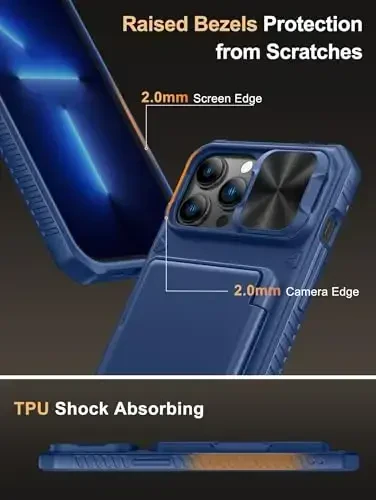 Vihibii iPhone 13 Pro Max/iPhone 12 Pro Max uchun kartalar hamyoni (4 ta karta), [RFID blokirovkasi] & Sürgülü linzali kamera qopqog'i va ko'tarilgan qirralar ekranini himoya qiladi, zarbaga chidamli mustahkam telefon qutisi, ko'k - 6