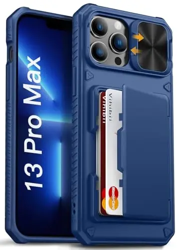 Vihibii iPhone 13 Pro Max/iPhone 12 Pro Max uchun kartalar hamyoni (4 ta karta), [RFID blokirovkasi] & Sürgülü linzali kamera qopqog'i va ko'tarilgan qirralar ekranini himoya qiladi, zarbaga chidamli mustahkam telefon qutisi, ko'k - 1